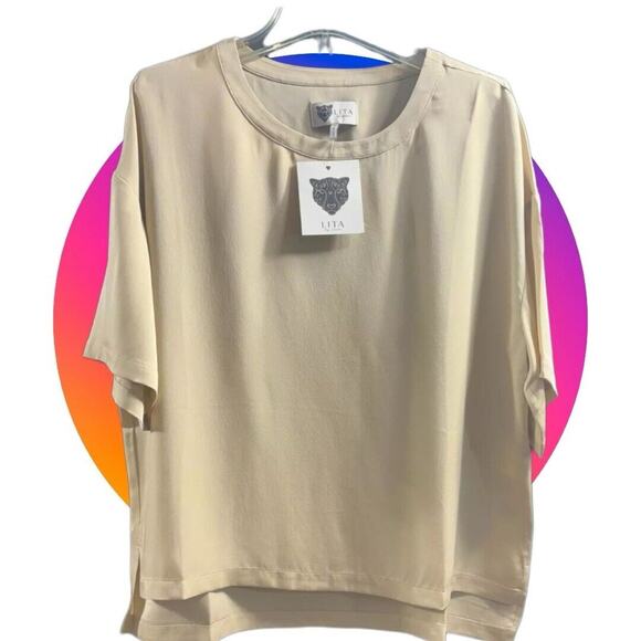LITA by Ciara NWT 100% Silk Top Blouse Cream Tan Beige Small MSRP $198 - Picture 10 of 16